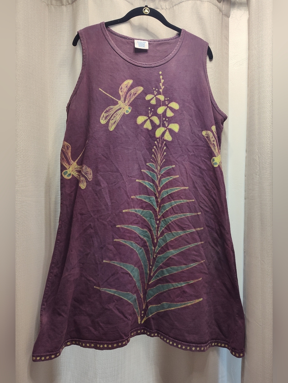 Sheilah Grebe Batik Art To Wear Purple Dragonfly & Fern Print Sleeveless Dress